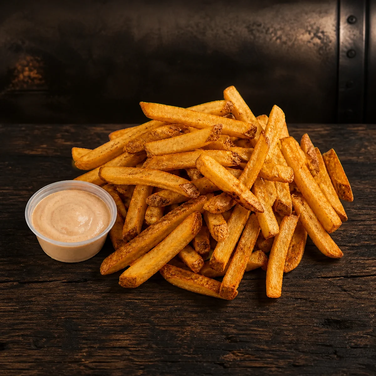 Pommes frites med dip på smokehouse-baggrund hos KRAM Spiseri
