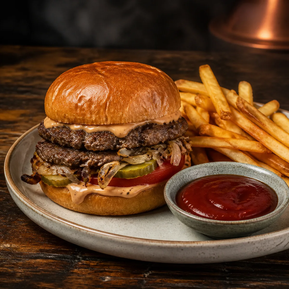 KRAM smash burger med to bøffer, løg og pommes frites