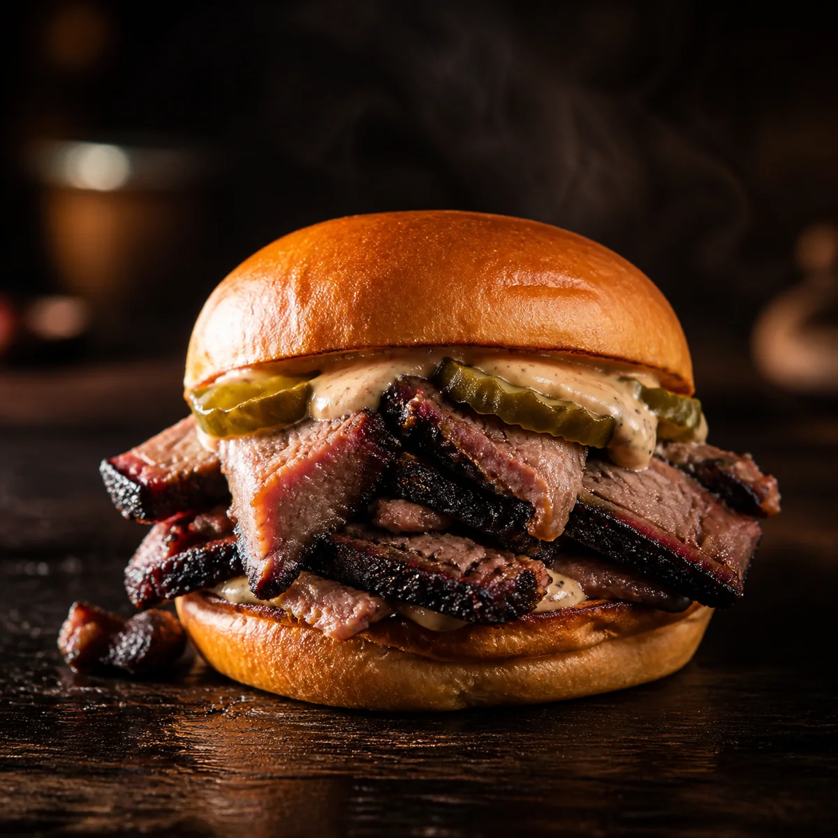 Texas brisket burger med pickles hos KRAM Spiseri