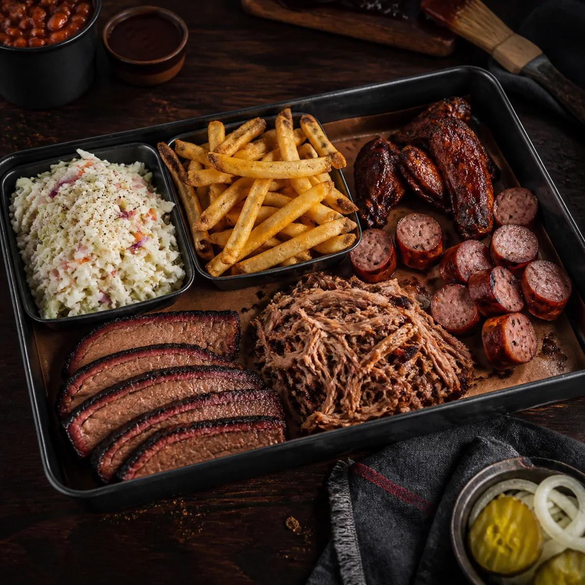 Vælg selv American BBQ tray med pommes frites og coleslaw hos KRAM
